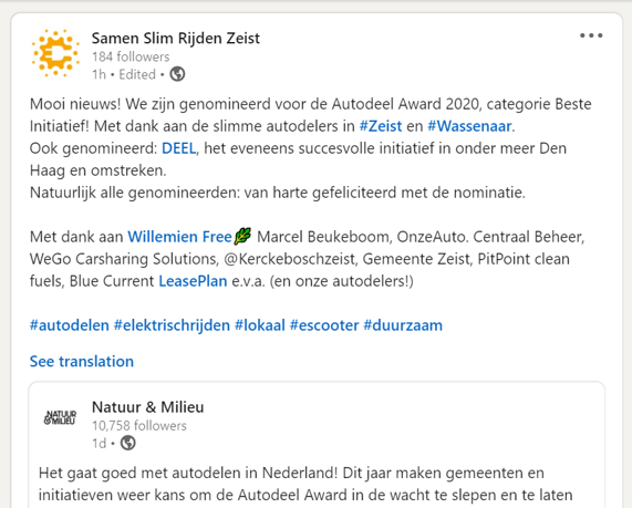 LinkedIn bericht van Samen Slim Rijden Zeist over de nominatie voor de Autodeel Award 2020